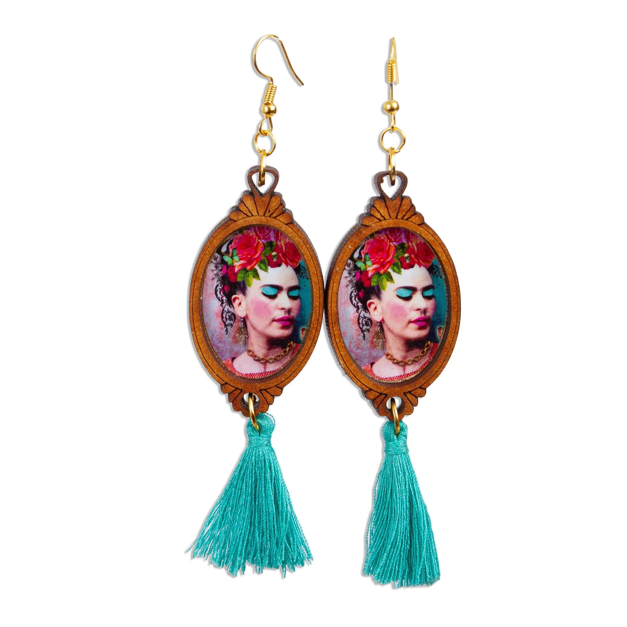 Handcrafted Frida Kahlo Wood Dangle Earrings Aqua Tassels - Brilliant Frida | NOVICA