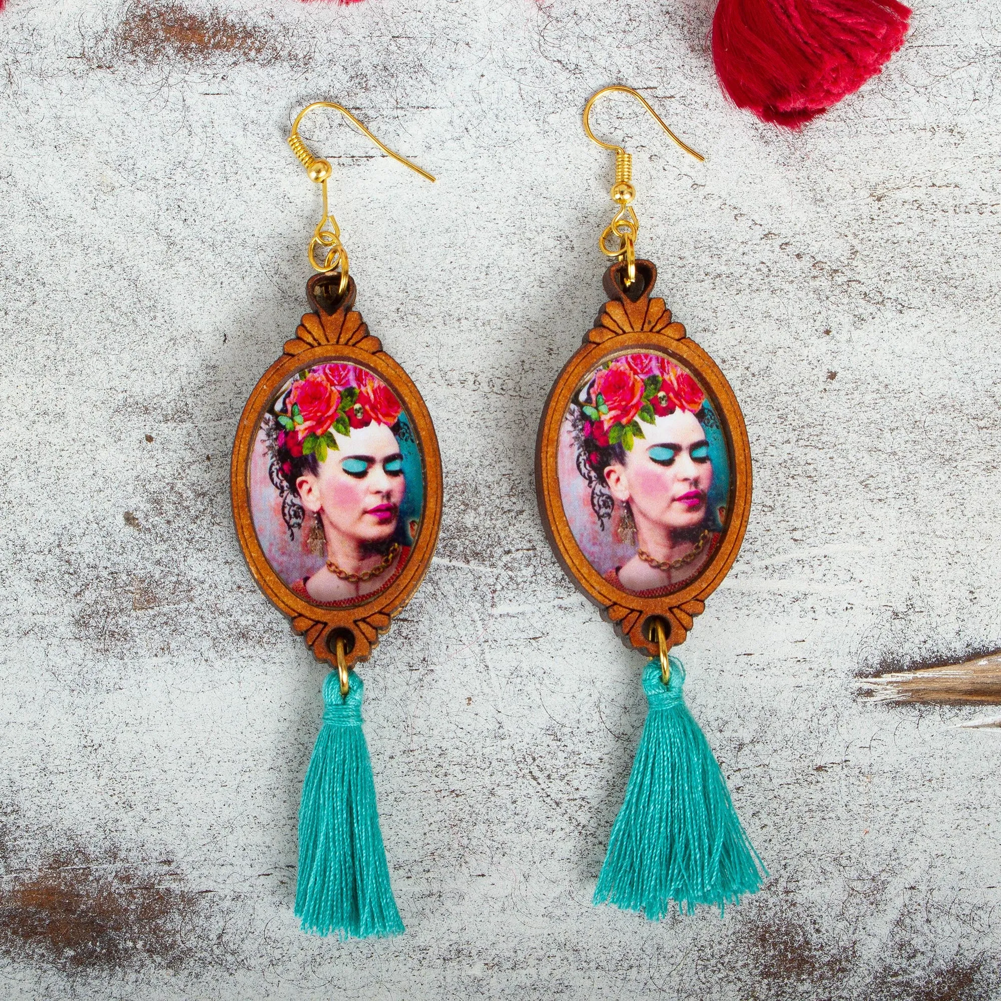 Handcrafted Frida Kahlo Wood Dangle Earrings Aqua Tassels - Brilliant Frida | NOVICA