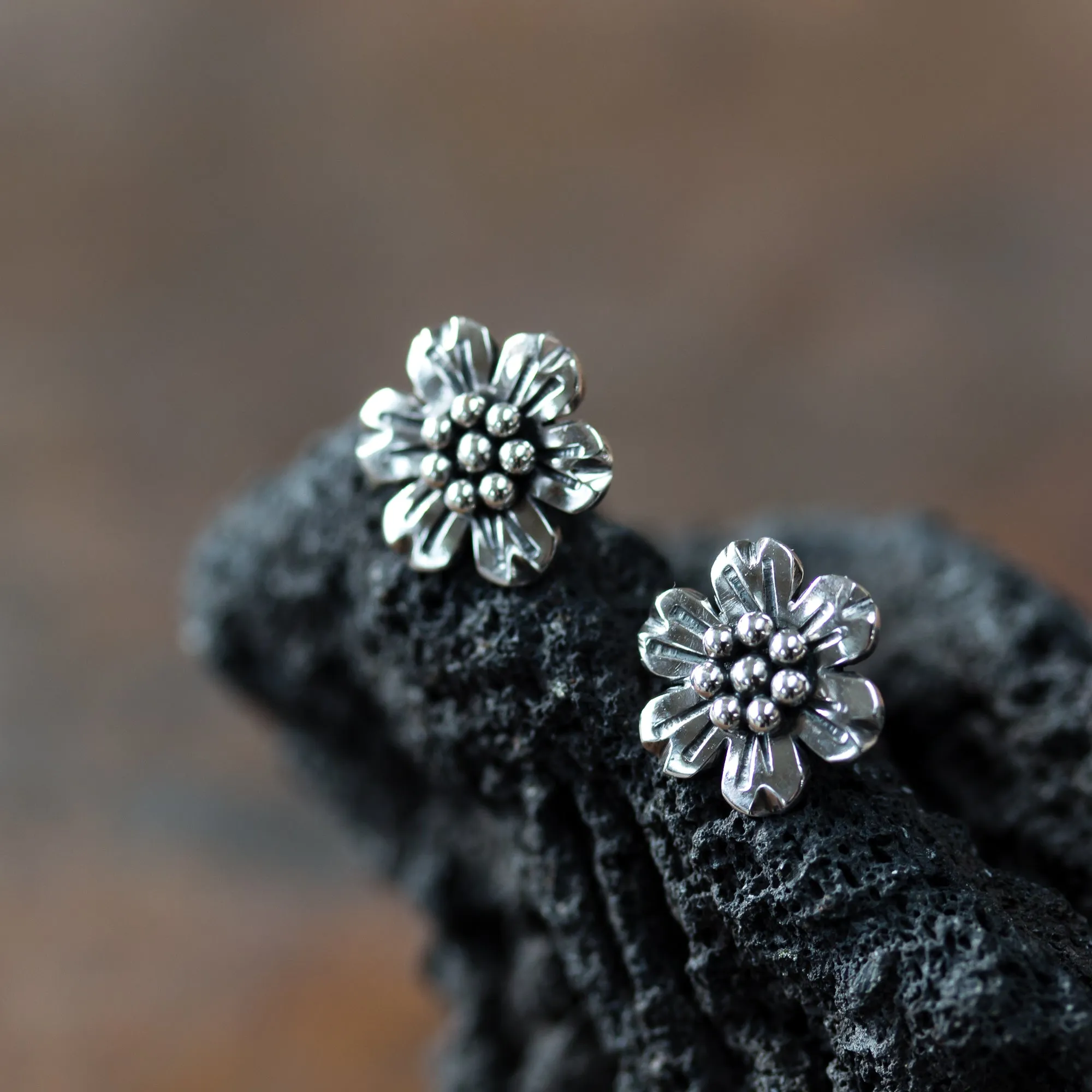 Handmade Flower Stud Earrings, Sterling Silver