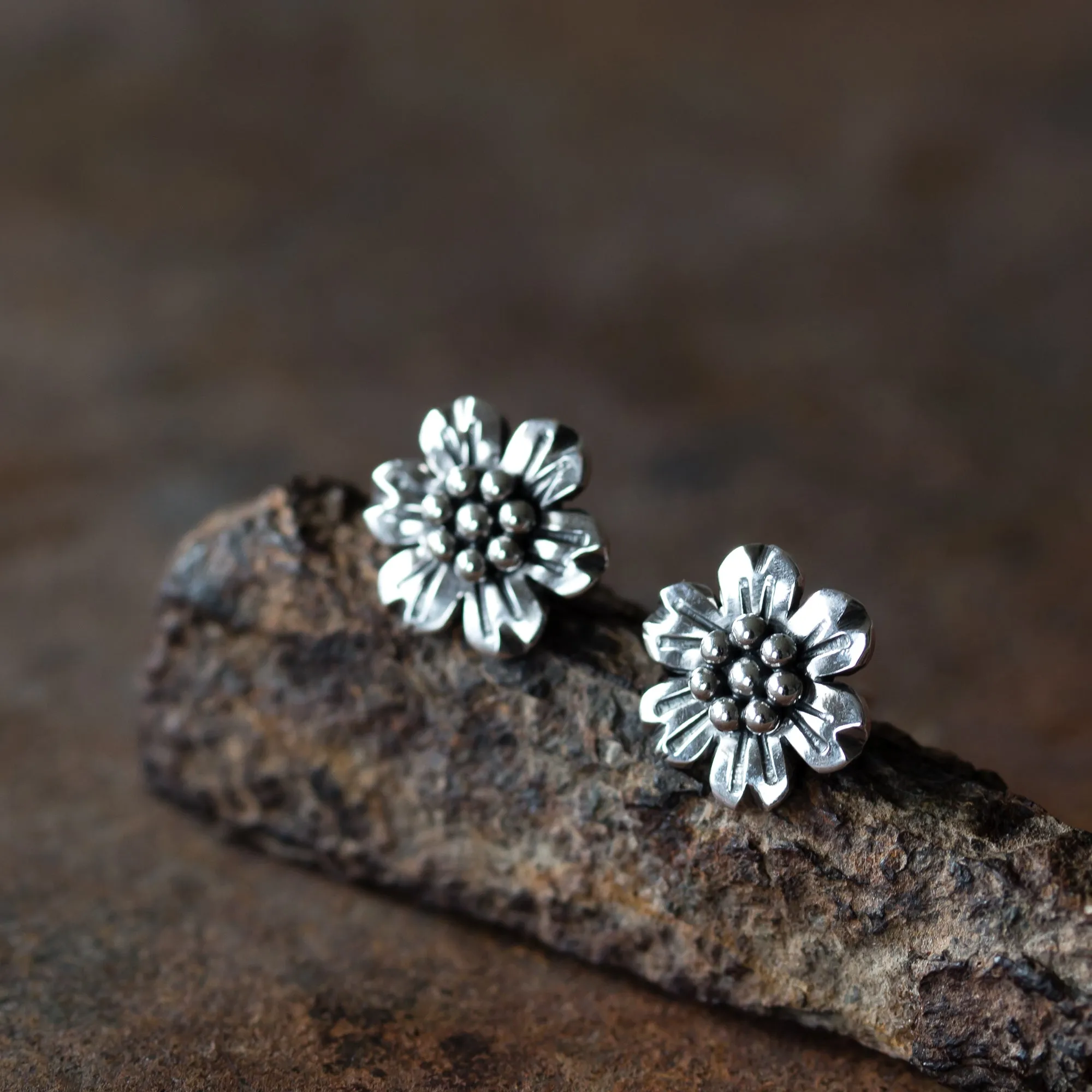 Handmade Flower Stud Earrings, Sterling Silver