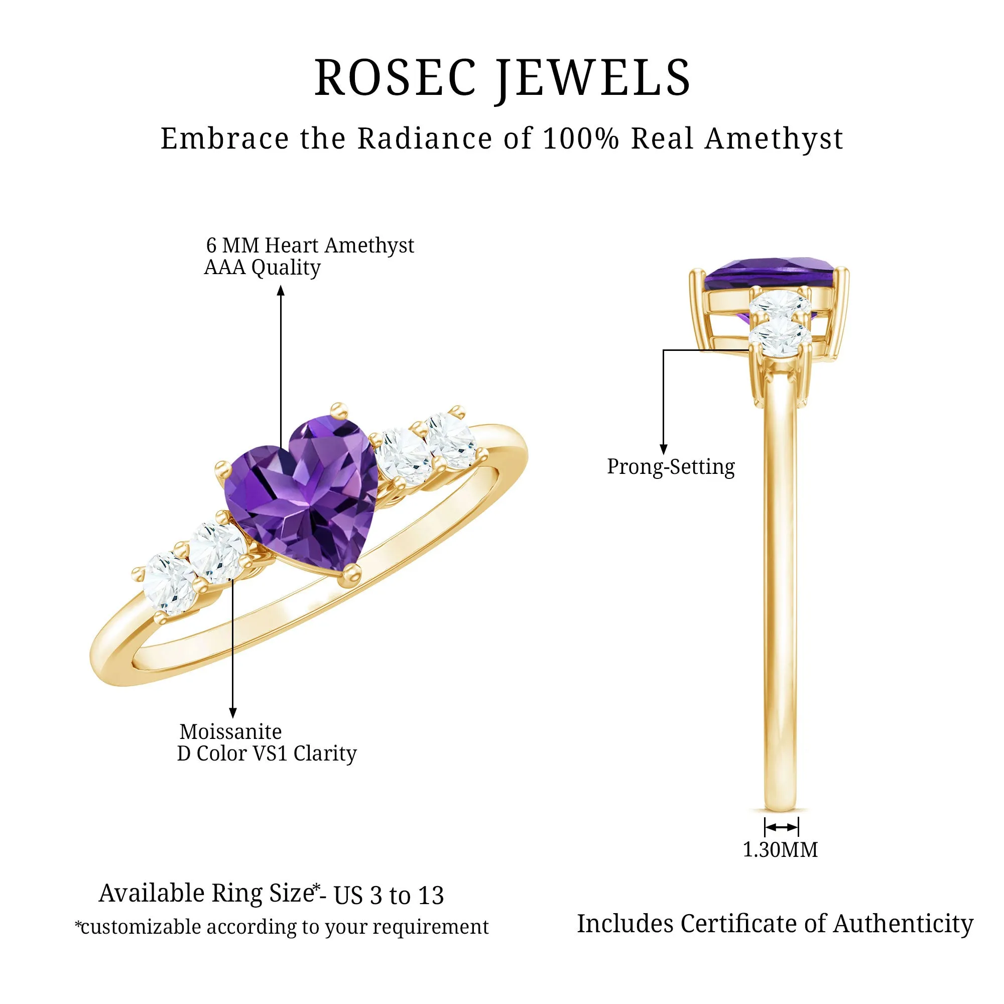 Heart Amethyst Solitaire Promise Ring with Moissanite