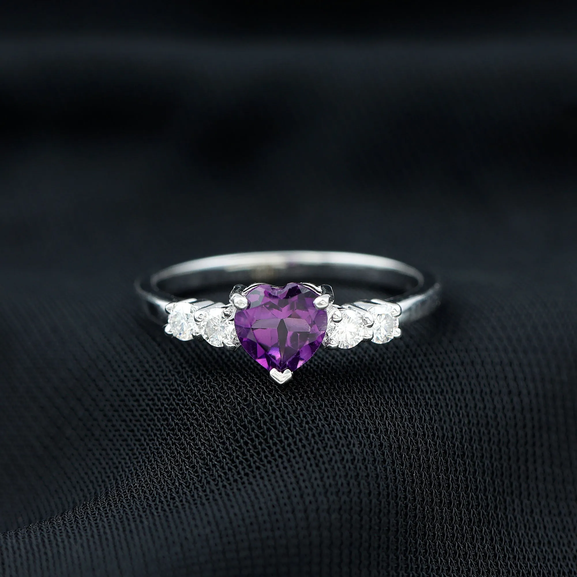 Heart Amethyst Solitaire Promise Ring with Moissanite