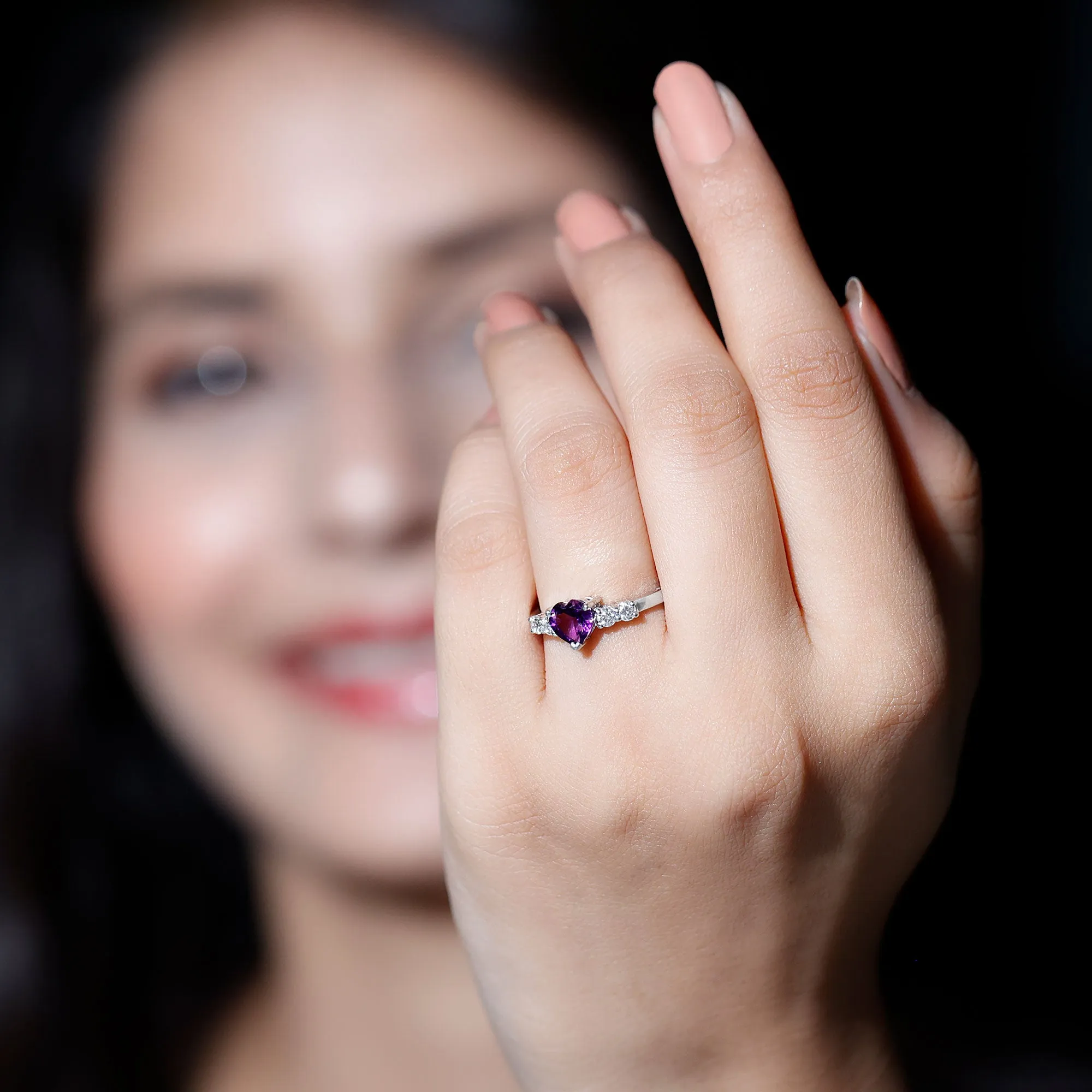 Heart Amethyst Solitaire Promise Ring with Moissanite