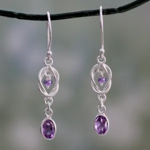 India Artisan Crafted Amethyst and Silver Earrings - Violet Knot | NOVICA