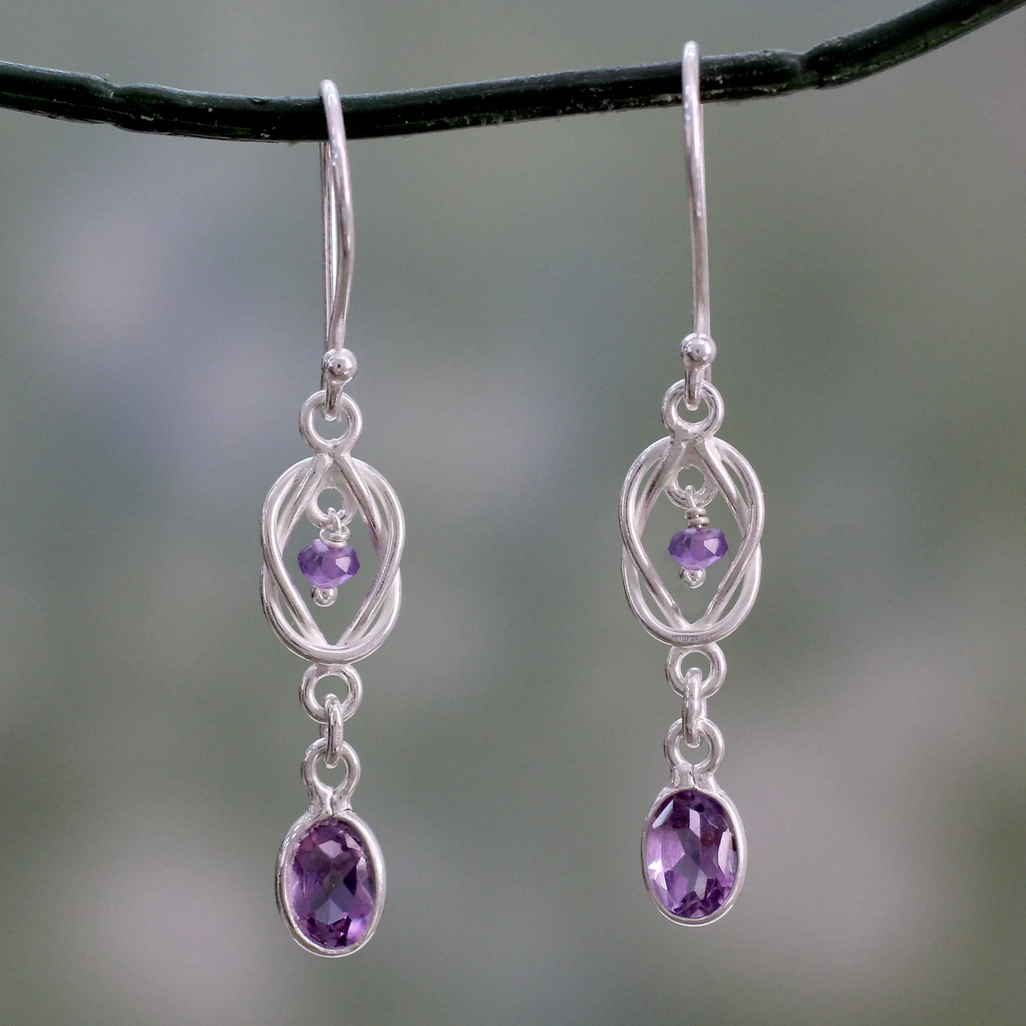 India Artisan Crafted Amethyst and Silver Earrings - Violet Knot | NOVICA