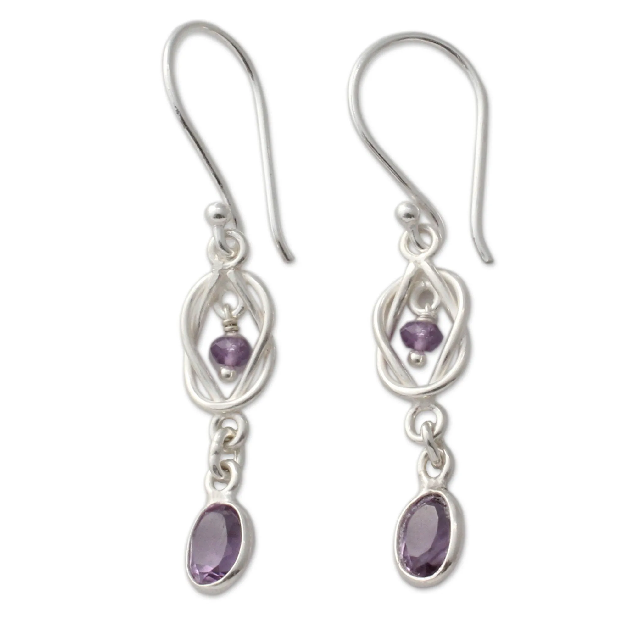 India Artisan Crafted Amethyst and Silver Earrings - Violet Knot | NOVICA