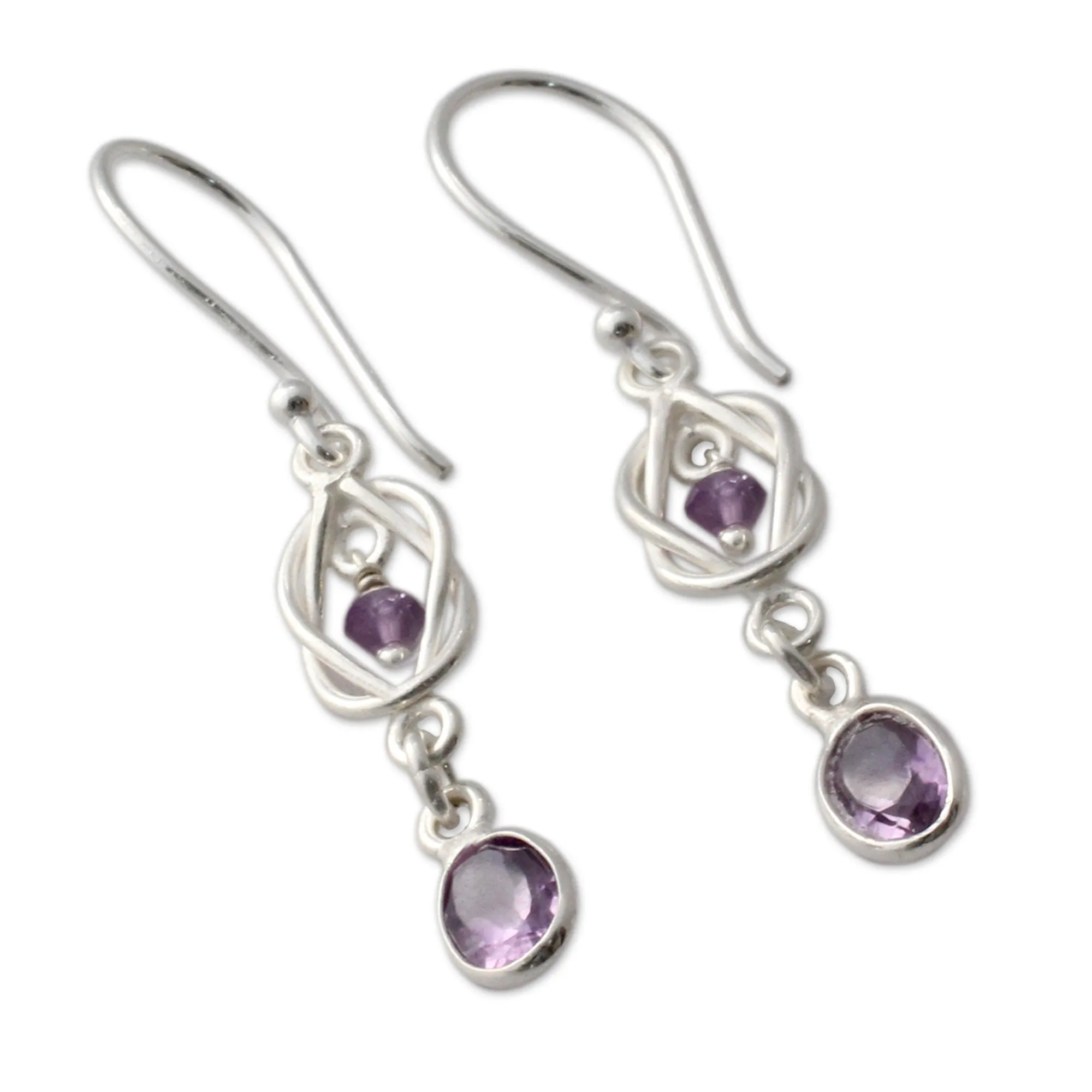 India Artisan Crafted Amethyst and Silver Earrings - Violet Knot | NOVICA