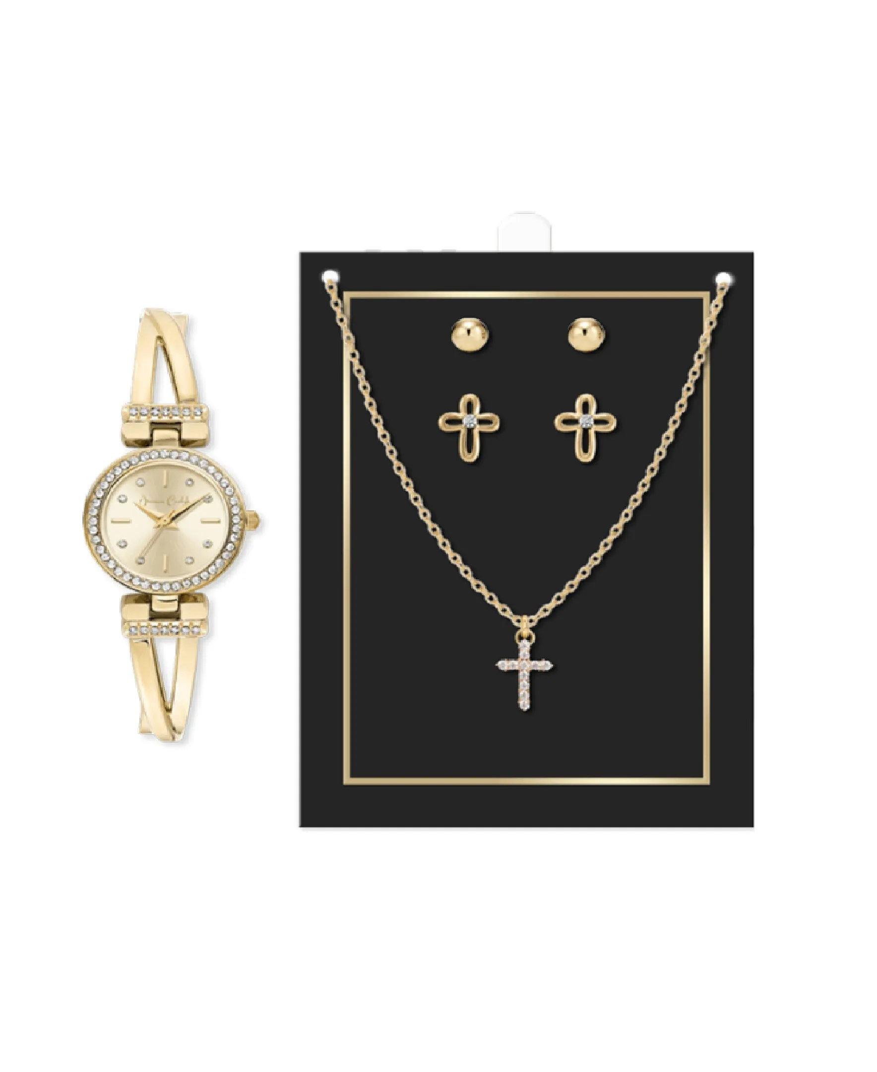 Jessica Carlyle Ladies Metal Watch/Cross Necklace/Earring Set