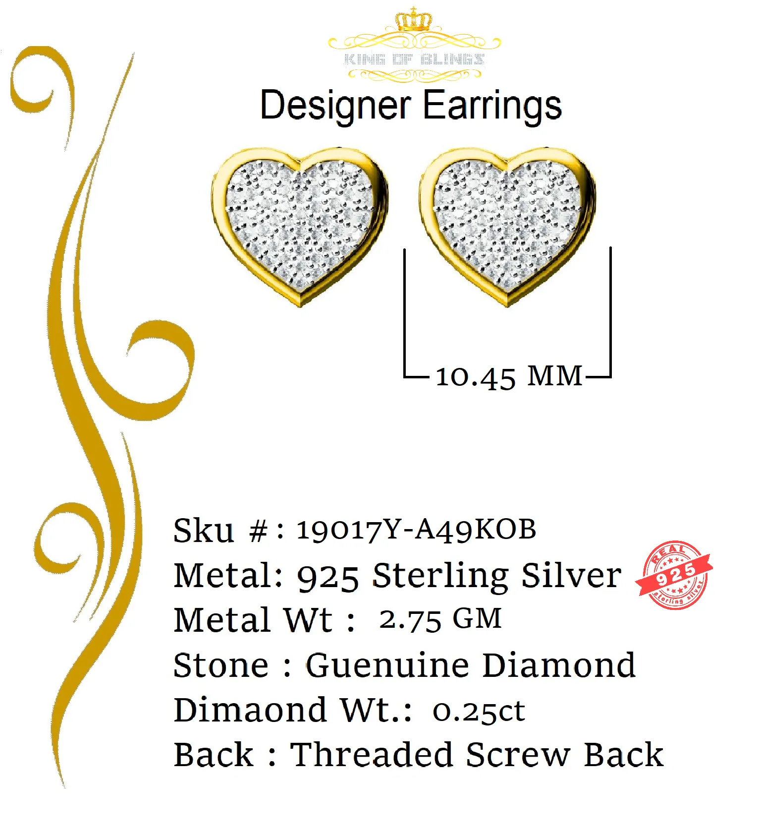 King of Blings-Aretes Para Hombre Heart 925 Yellow Silver 0.25ct Diamond Women's /Men's Earring