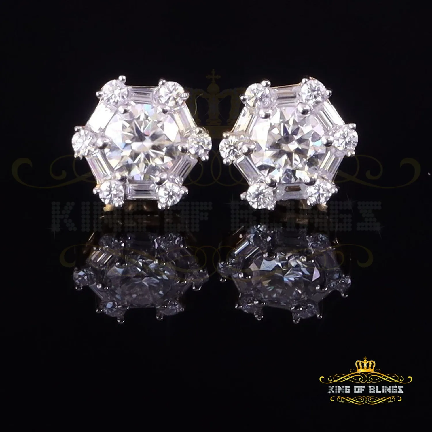 King  of Bling's Men's/Womens 925 Silver Yellow 1.50ct VVS 'D'Moissanite Hexagon Stud Earrings