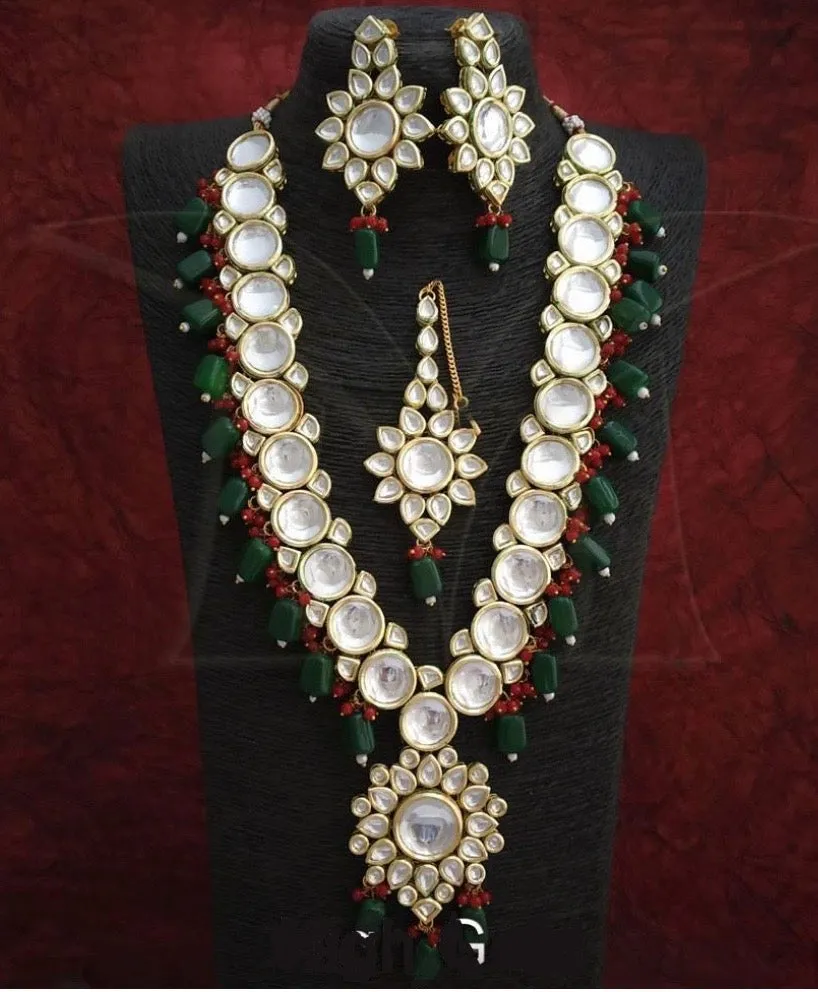 Kundan Long Necklace Set Earrings, and Maang Tikka Set