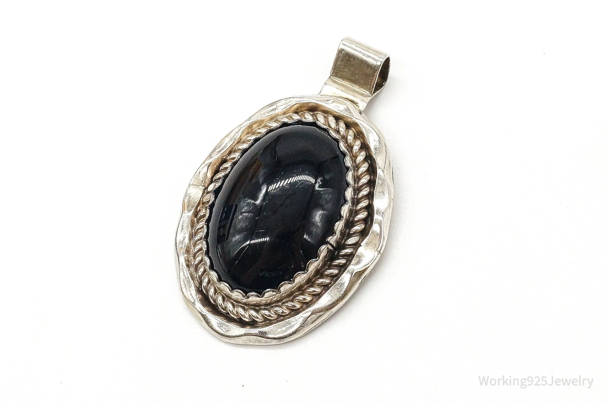 Large Vintage Native American Black Onyx Sterling Silver Pendant