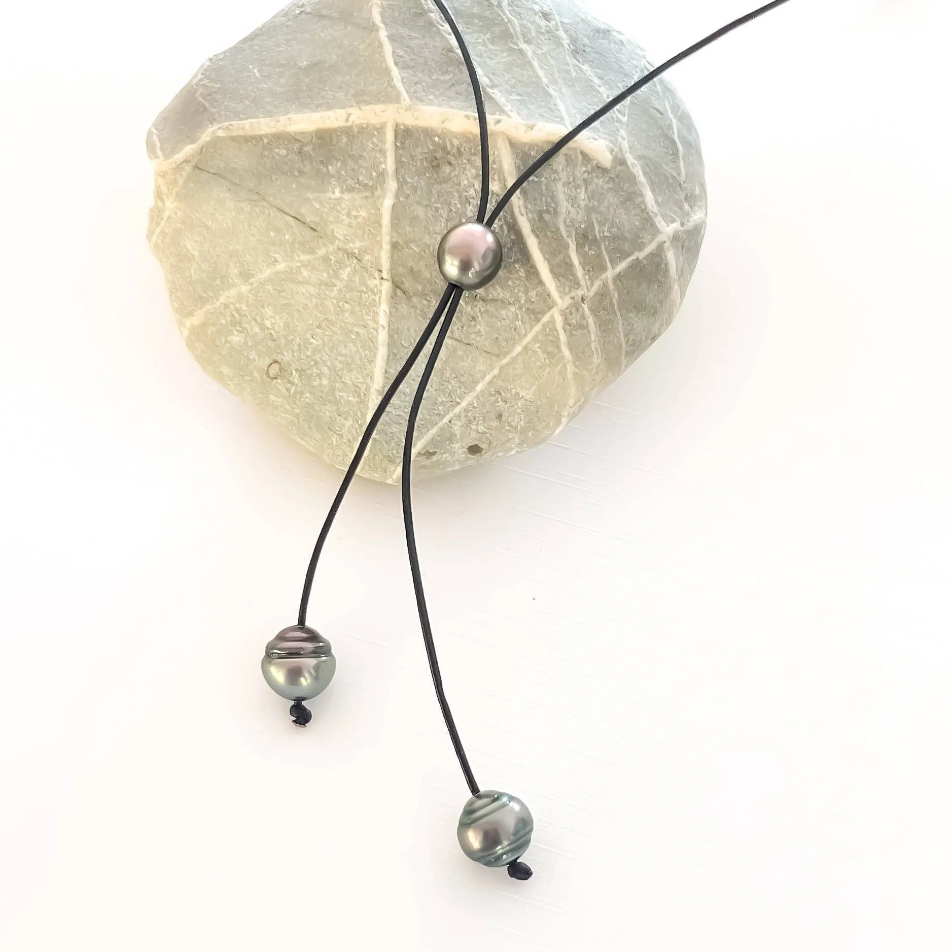 Lariat Leather Tahitian Pearl Necklace: Black