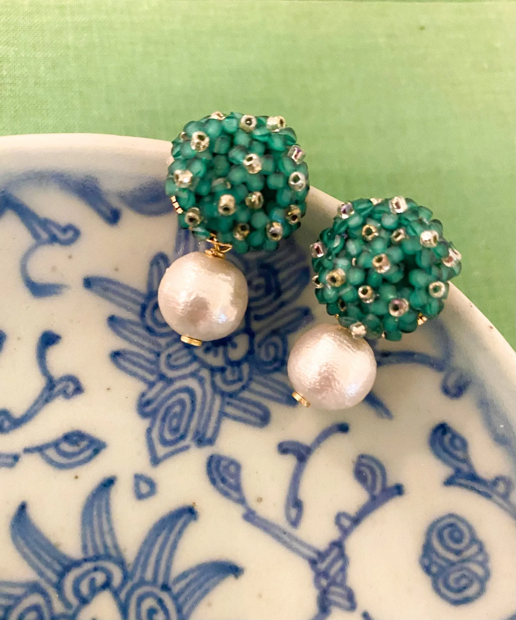 Liz Cotton Pearl Green Earrings - Clip On