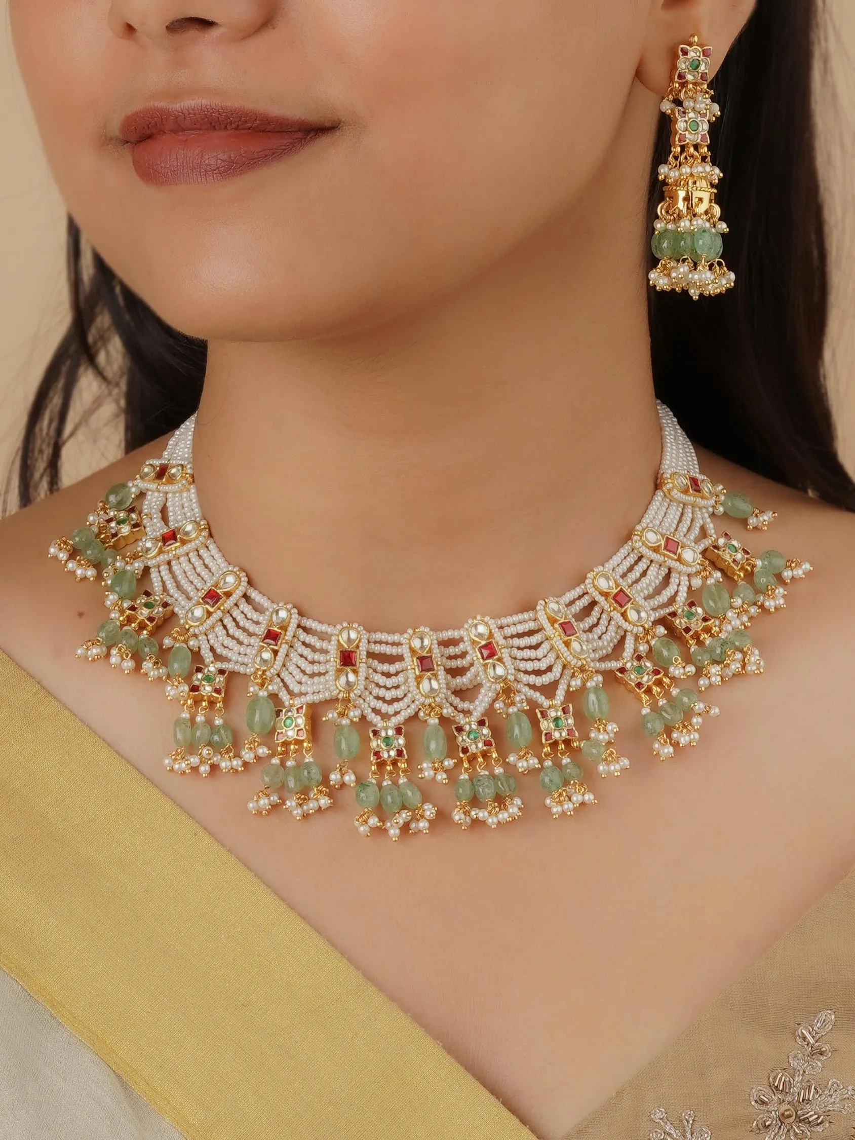 Multicolor Gold Plated Jadau Kundan Necklace Set - MS2155M