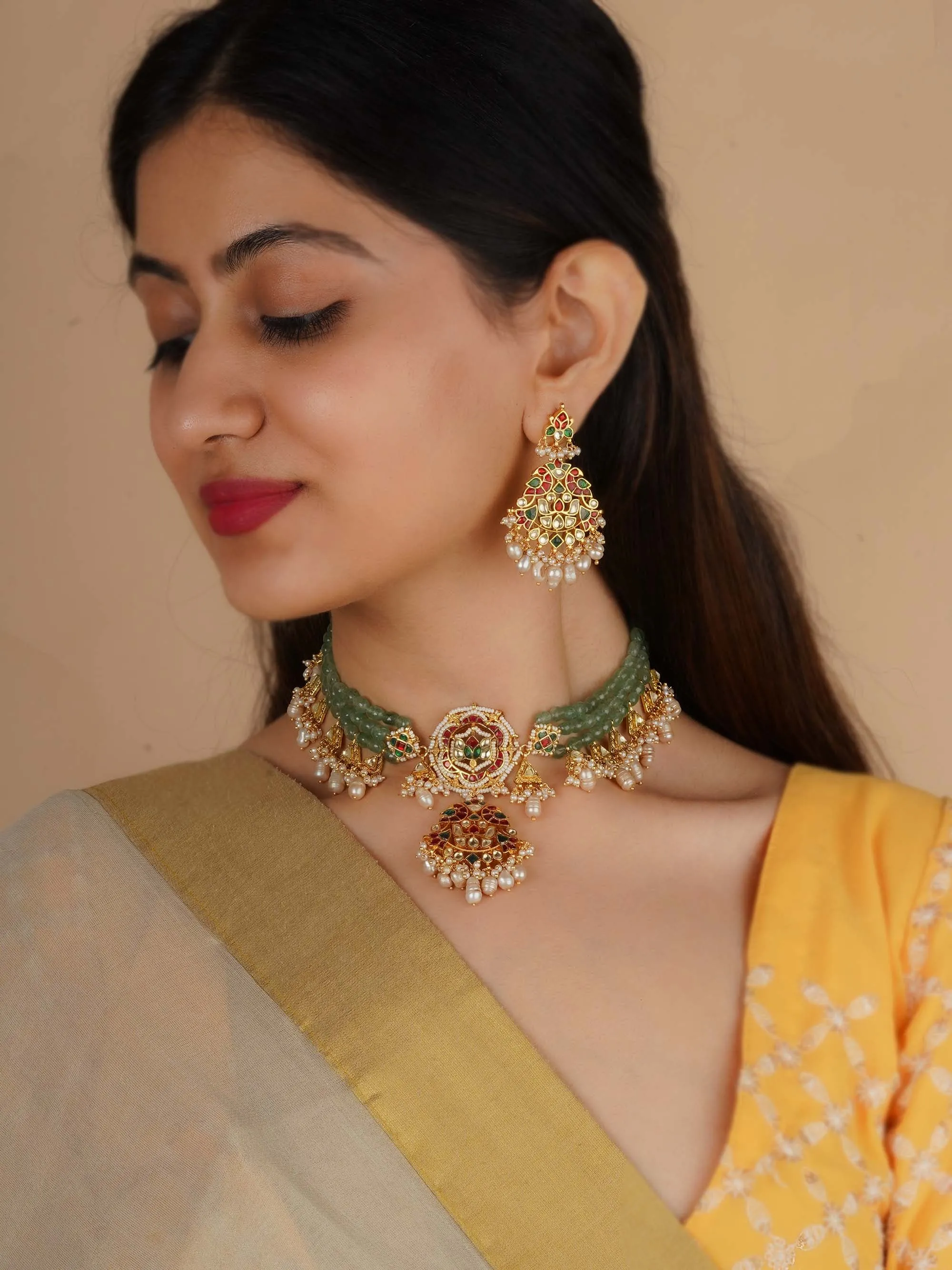 Multicolor Gold Plated Jadau Kundan Necklace Set - MS2297M