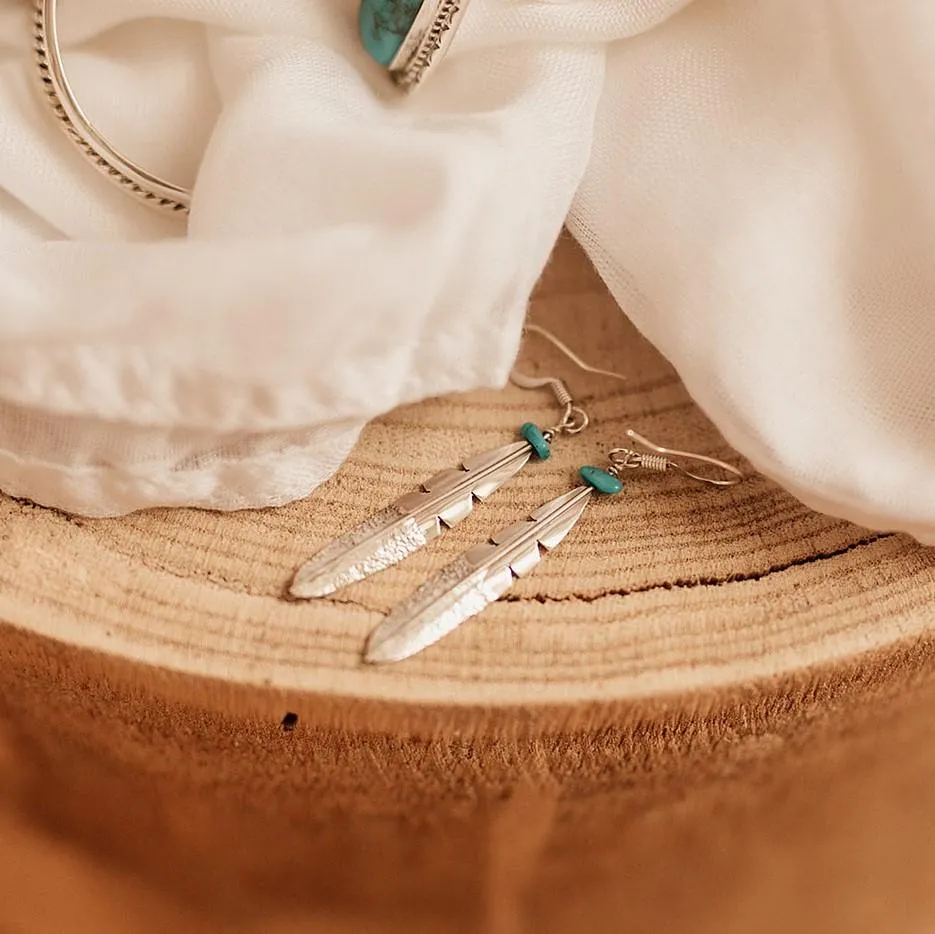 Navajo Feather Turquoise Earrings - Sterling Silver