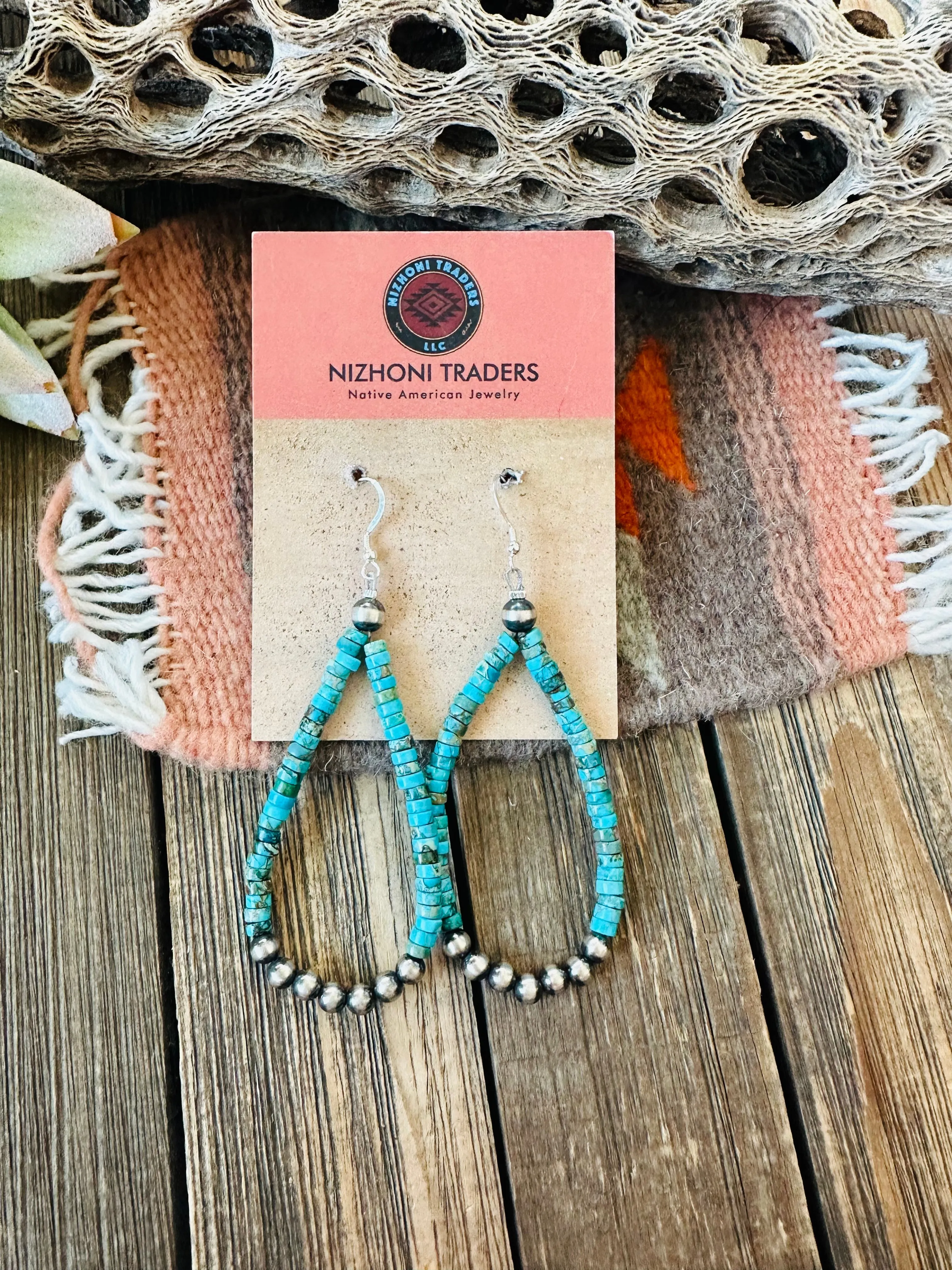 Navajo Turquoise & Sterling Silver Pearl Beaded Hoop Earrings