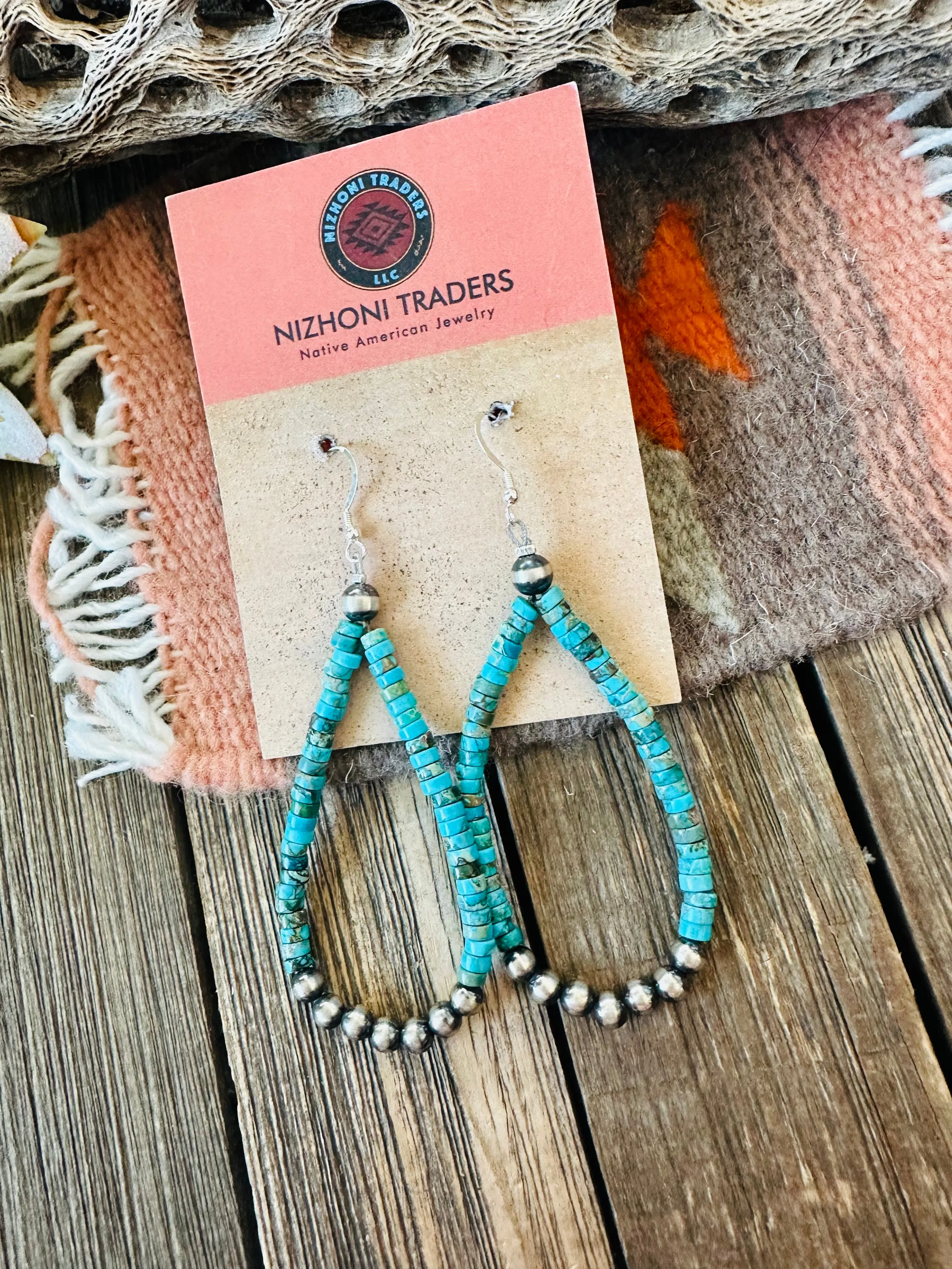 Navajo Turquoise & Sterling Silver Pearl Beaded Hoop Earrings