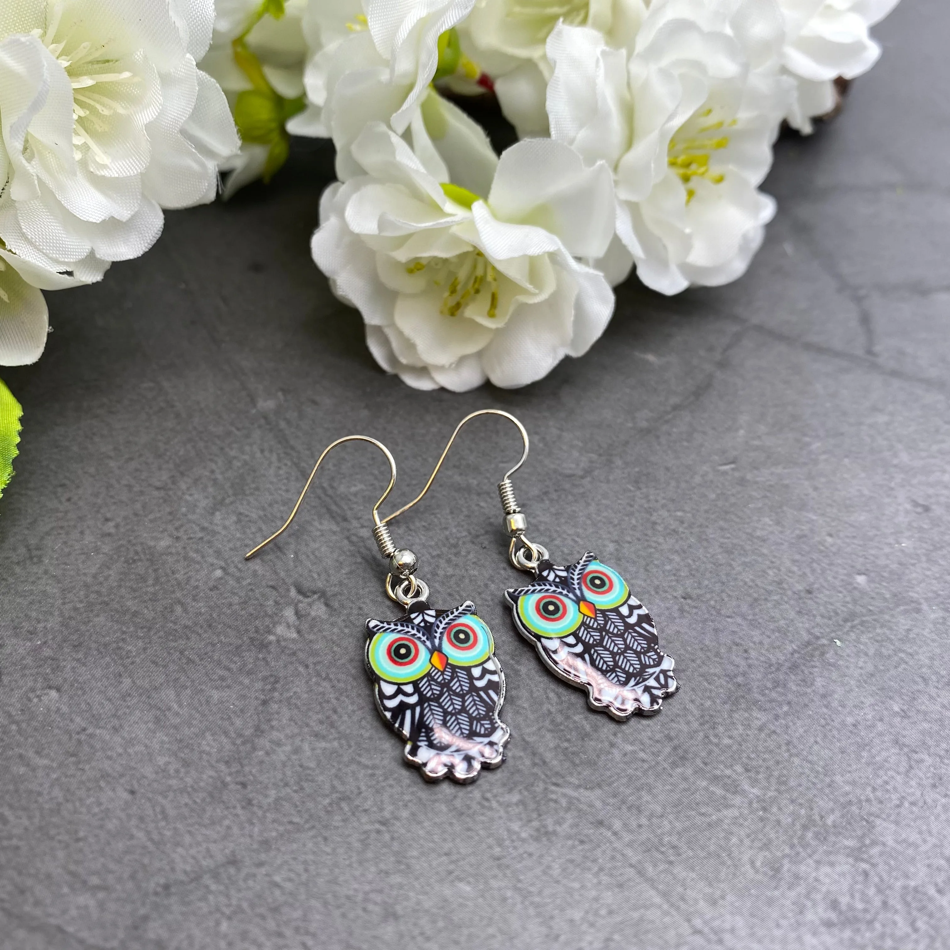 Owl Enamel Charm Earrings