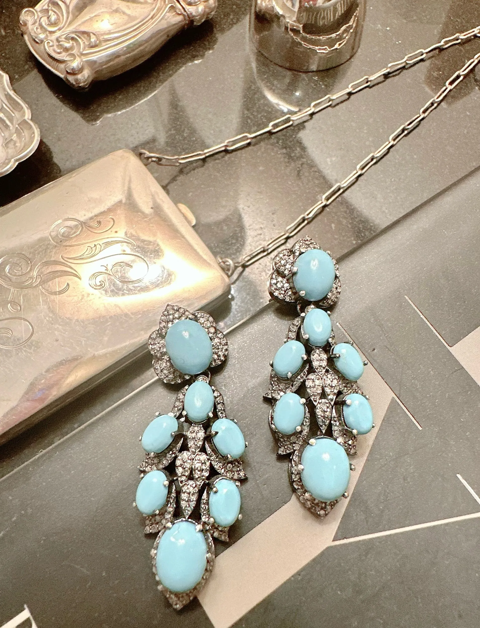 Pave Diamond and Turquoise Earrings