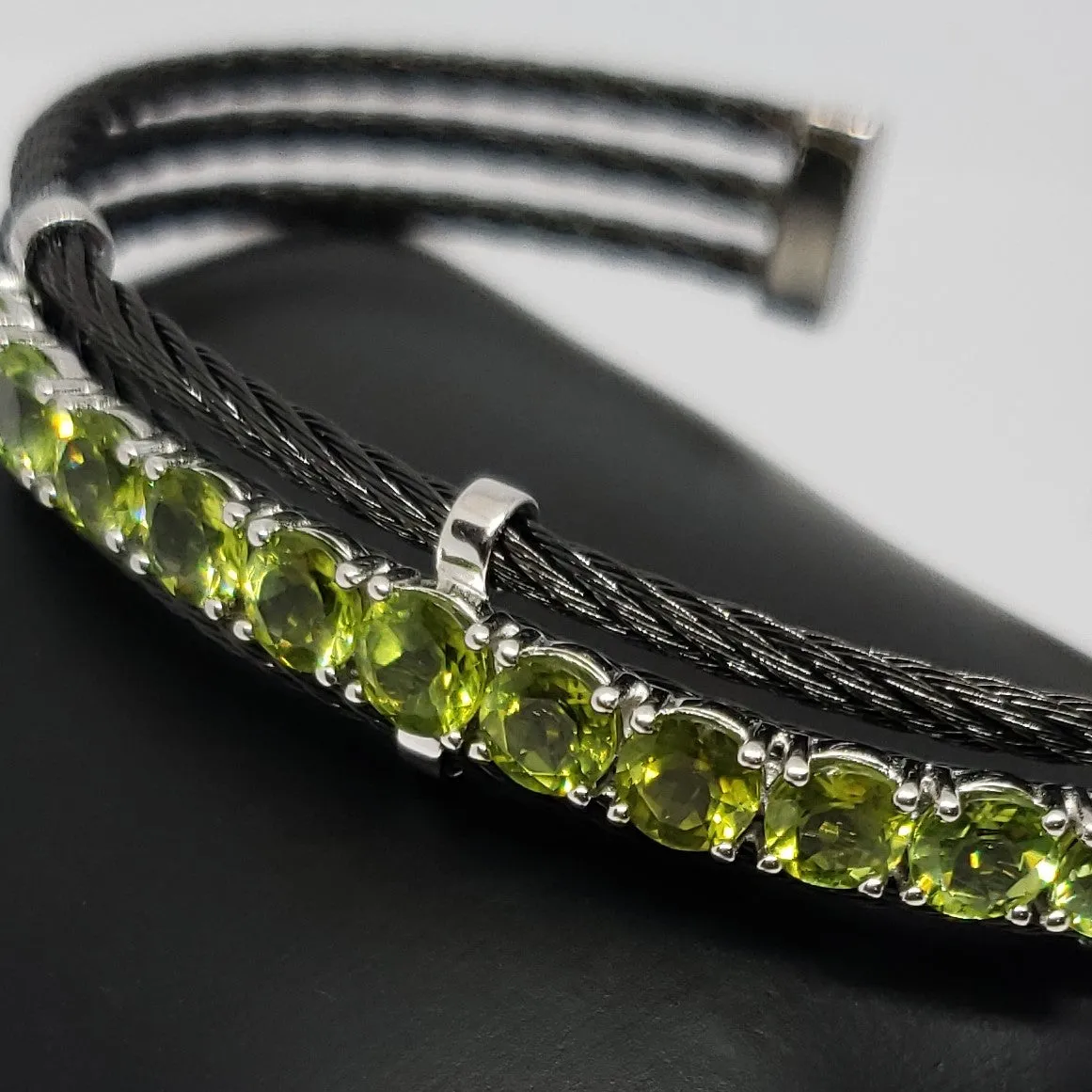 Peridot Sterling Silver with Black Stainless-Steel Cable Cuff Bracelet 5.00ctw