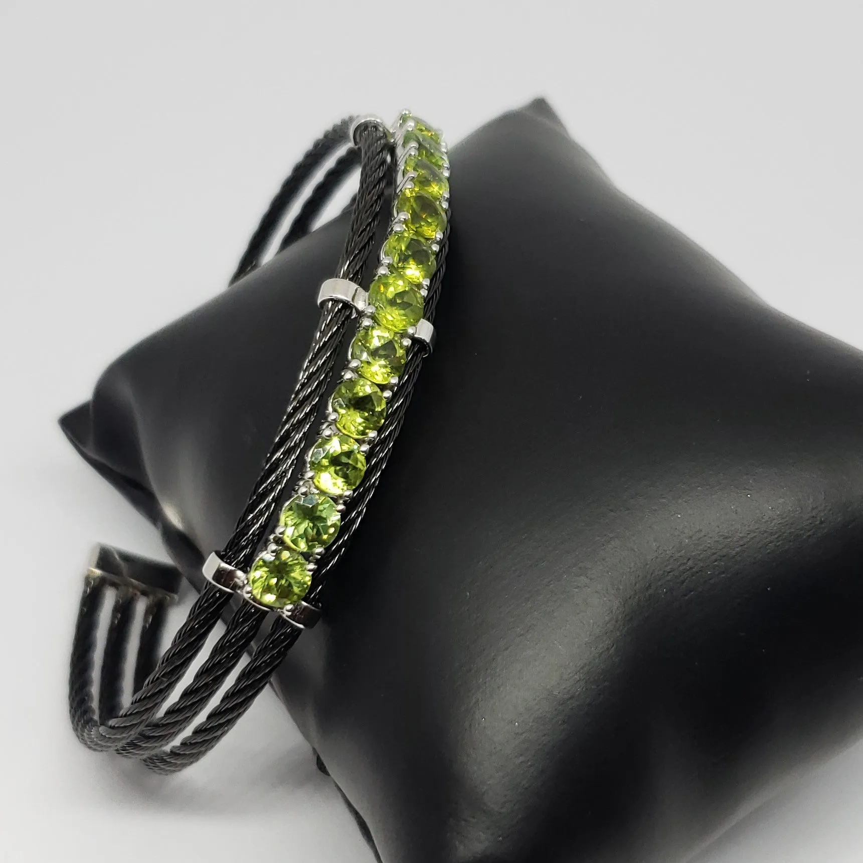 Peridot Sterling Silver with Black Stainless-Steel Cable Cuff Bracelet 5.00ctw