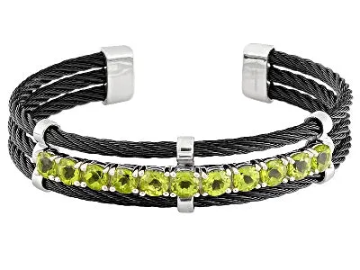 Peridot Sterling Silver with Black Stainless-Steel Cable Cuff Bracelet 5.00ctw