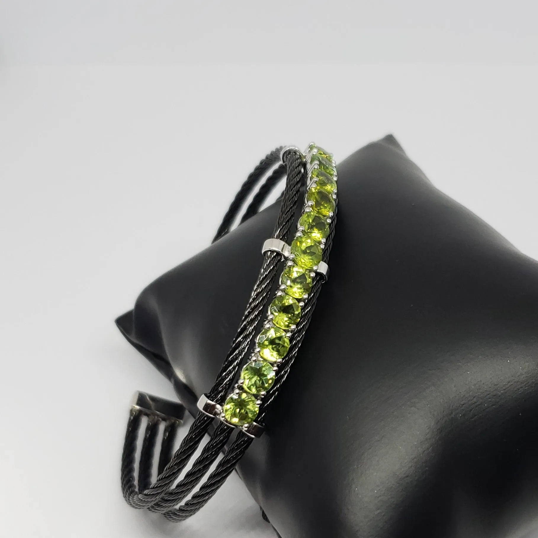 Peridot Sterling Silver with Black Stainless-Steel Cable Cuff Bracelet 5.00ctw