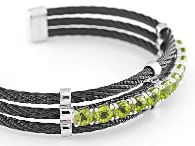 Peridot Sterling Silver with Black Stainless-Steel Cable Cuff Bracelet 5.00ctw