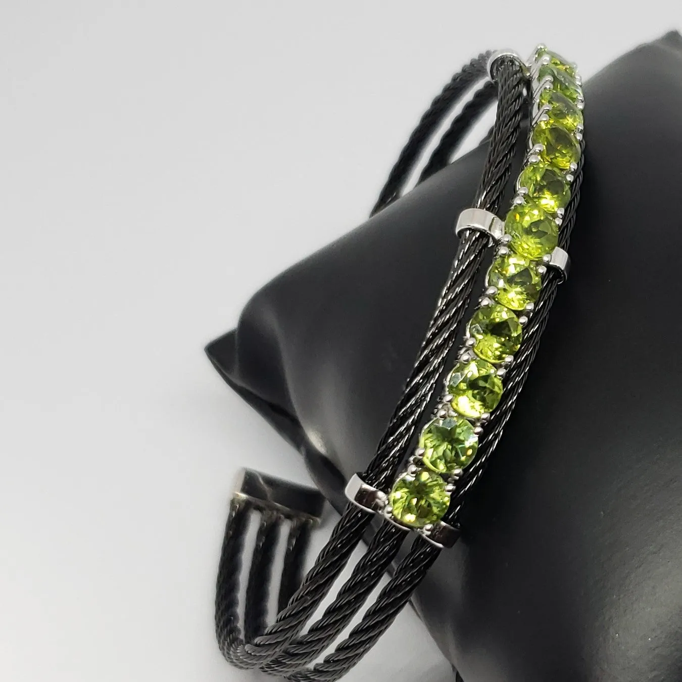 Peridot Sterling Silver with Black Stainless-Steel Cable Cuff Bracelet 5.00ctw