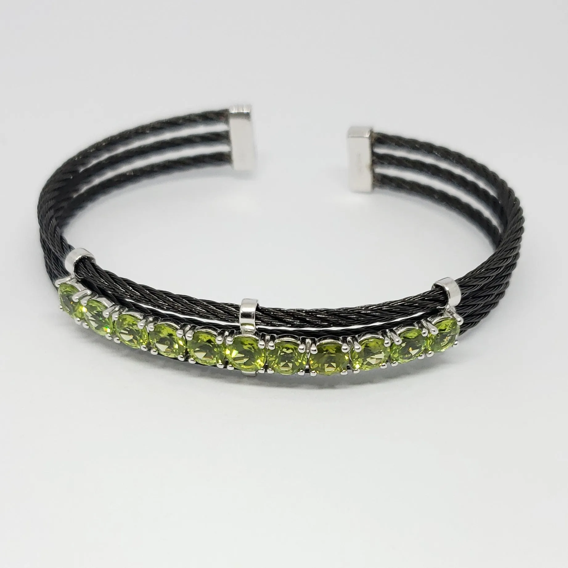 Peridot Sterling Silver with Black Stainless-Steel Cable Cuff Bracelet 5.00ctw