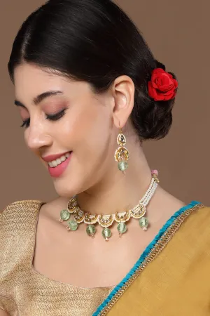 Pink & Green Haar Necklace with Earring Jewellery Set with Kundan &  Pearls