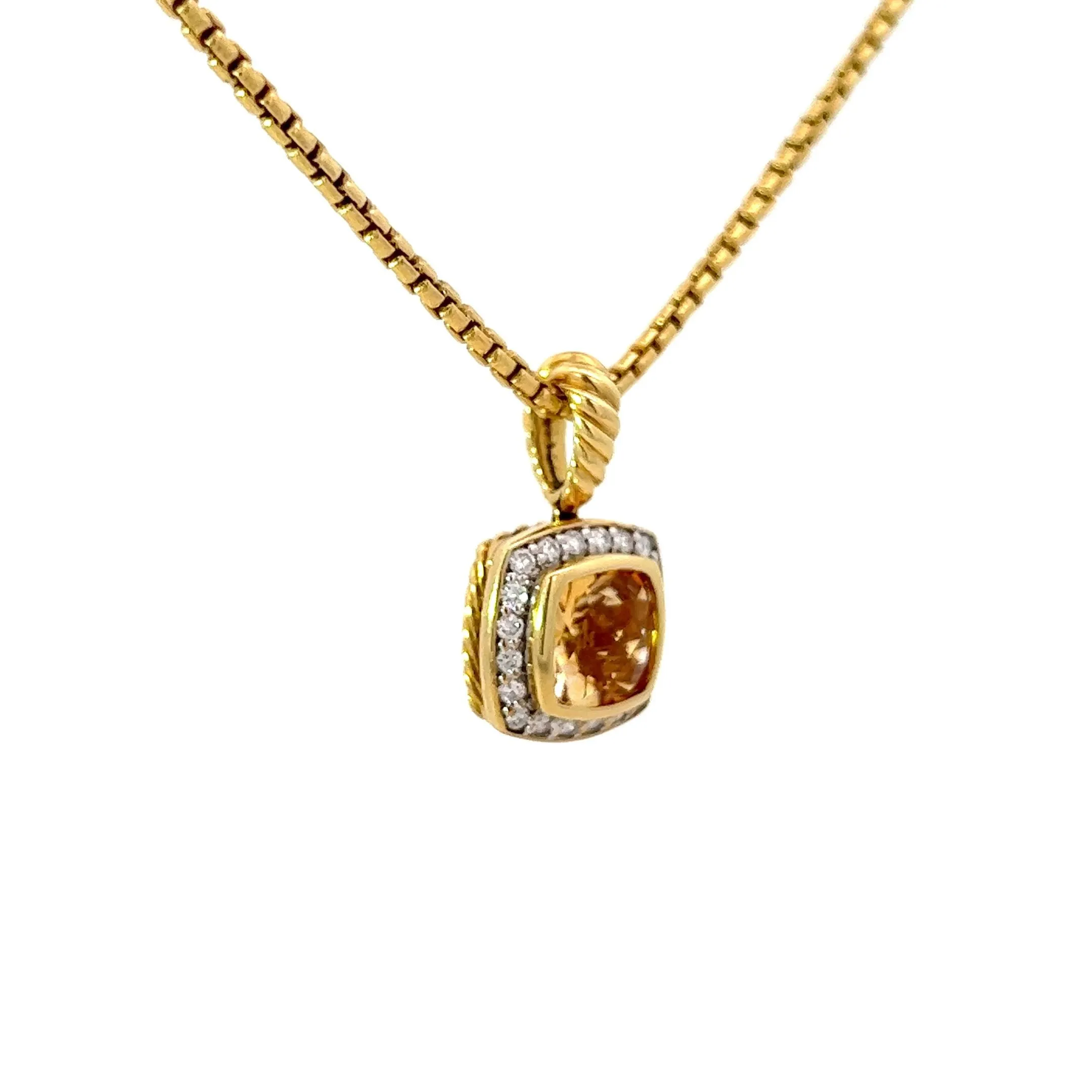 Previously Loved Cushion Cut Citrine Diamond and Rope Texture Halo Pendant