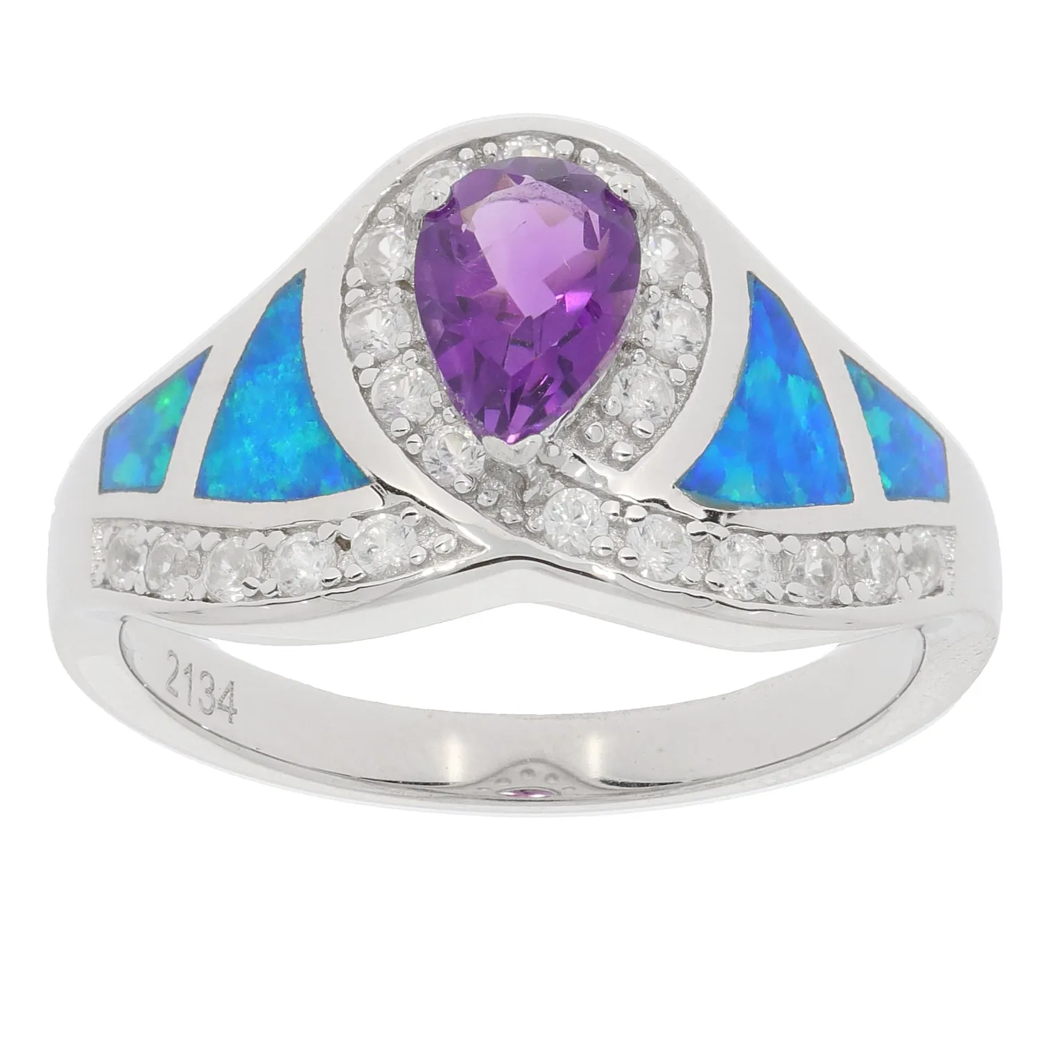 Purple Amethyst Sterling Silver Ring with Opal Accent