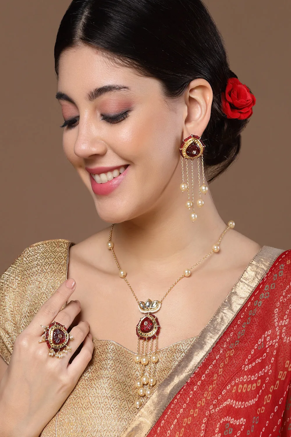 Red & Cream Haar Necklace with Kundan &  Pearls