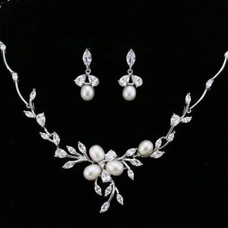 Rose Gold Floral Pearl & Crystal Bridal Jewellery Set, Cubic Zirconia Necklace and Earrings Set