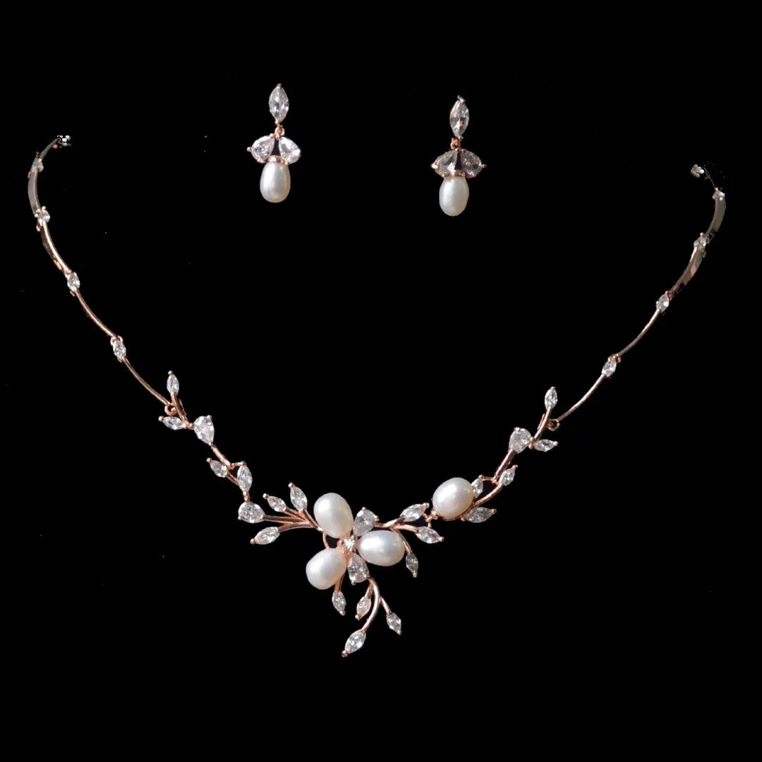 Rose Gold Floral Pearl & Crystal Bridal Jewellery Set, Cubic Zirconia Necklace and Earrings Set