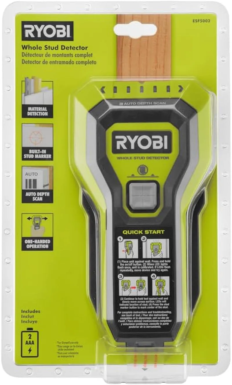 RYOBI Stud Finder with Multiple Led'S to Indicate the Full Width of the Stud. One-Handed Operation, ESF5002