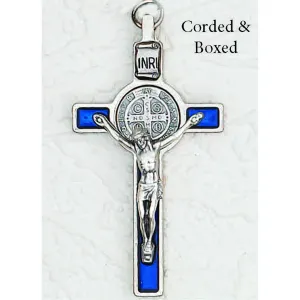 Saint Benedict Blue Pearl Enamel Crucifix - Silver Tone Medal