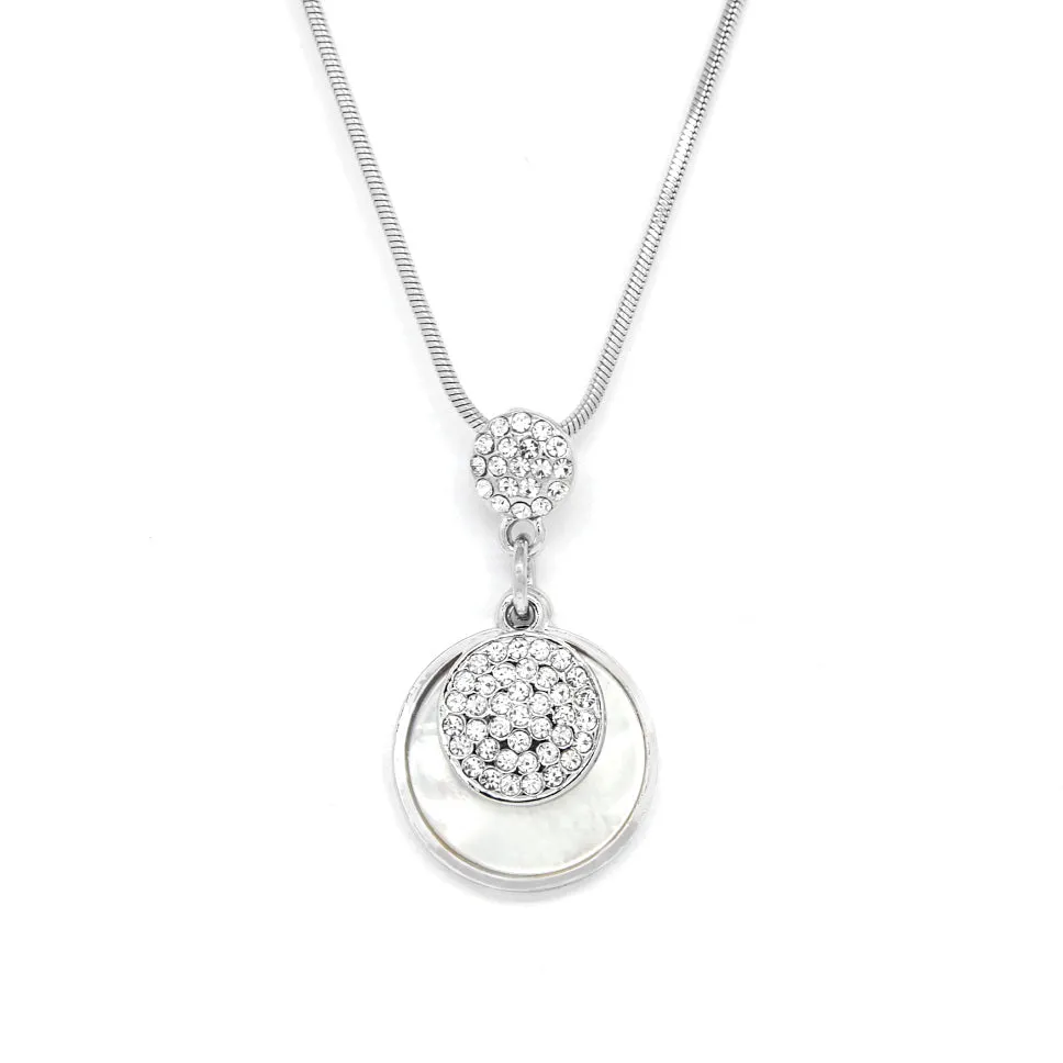 Silver tone round pendant with acrylic pearl inlay and clear crystals