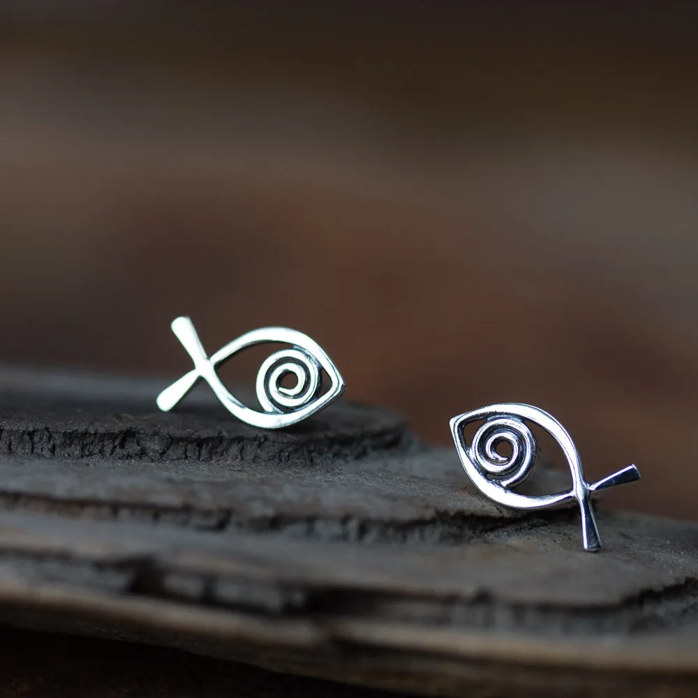 Simple Fish Stud Earrings, Sterling Silver Wire Outline with a Spiral Inside