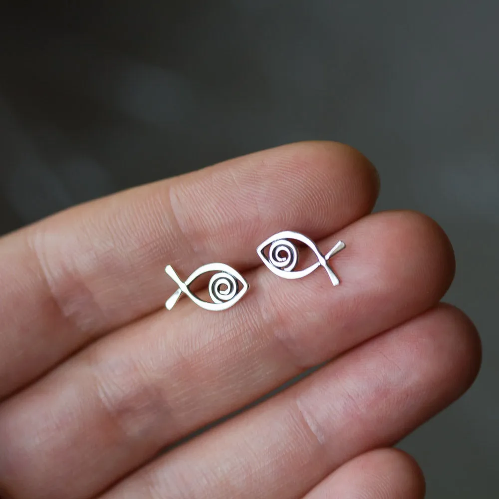 Simple Fish Stud Earrings, Sterling Silver Wire Outline with a Spiral Inside