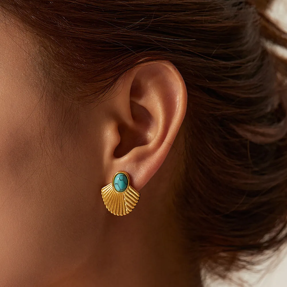 SISSLIA New Vintage Stainless-Steel 18K Gold Plated Turquoise Ribbed Scalloped Earrings for women