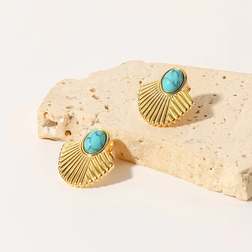 SISSLIA New Vintage Stainless-Steel 18K Gold Plated Turquoise Ribbed Scalloped Earrings for women