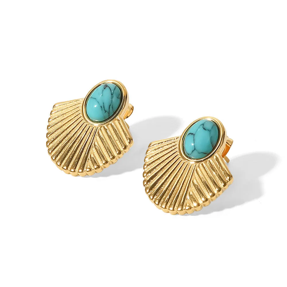 SISSLIA New Vintage Stainless-Steel 18K Gold Plated Turquoise Ribbed Scalloped Earrings for women