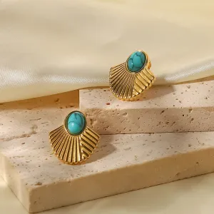 SISSLIA New Vintage Stainless-Steel 18K Gold Plated Turquoise Ribbed Scalloped Earrings for women