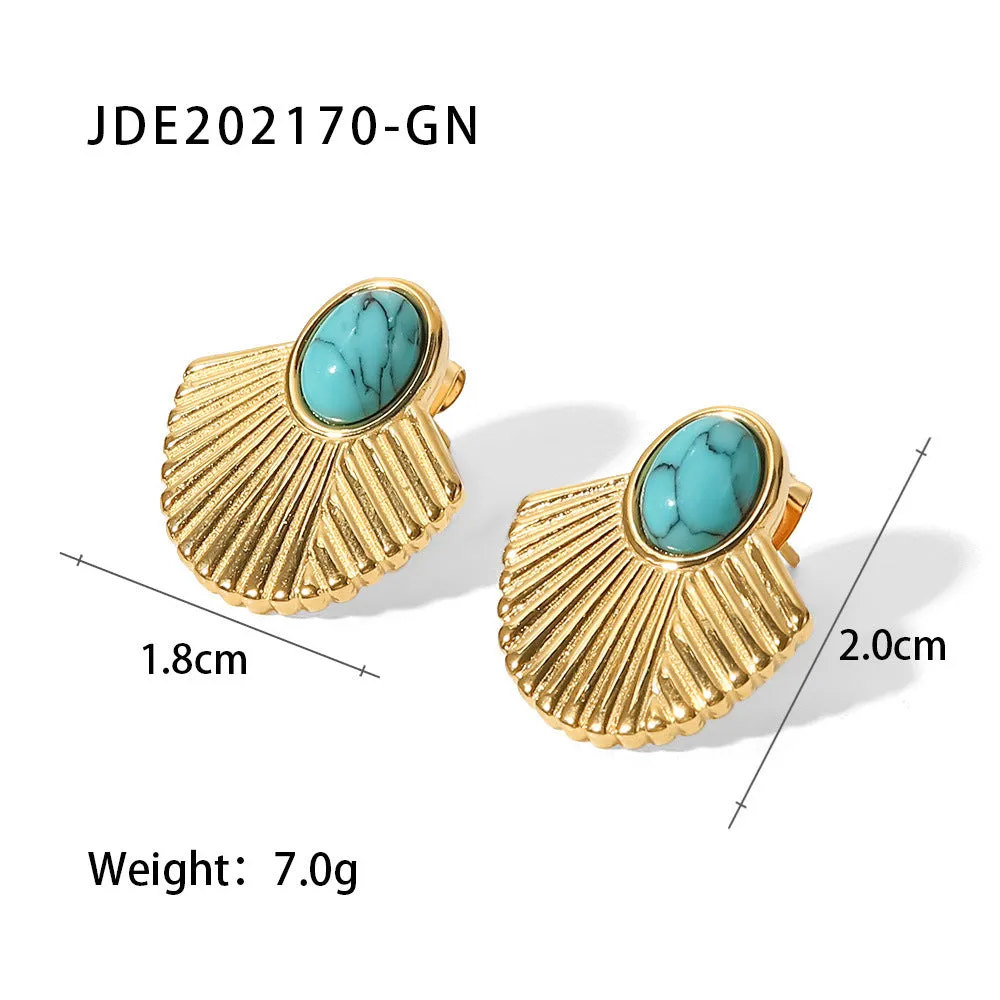 SISSLIA New Vintage Stainless-Steel 18K Gold Plated Turquoise Ribbed Scalloped Earrings for women