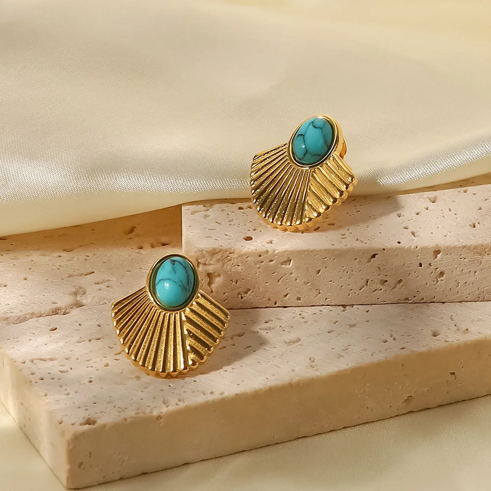 SISSLIA New Vintage Stainless-Steel 18K Gold Plated Turquoise Ribbed Scalloped Earrings for women