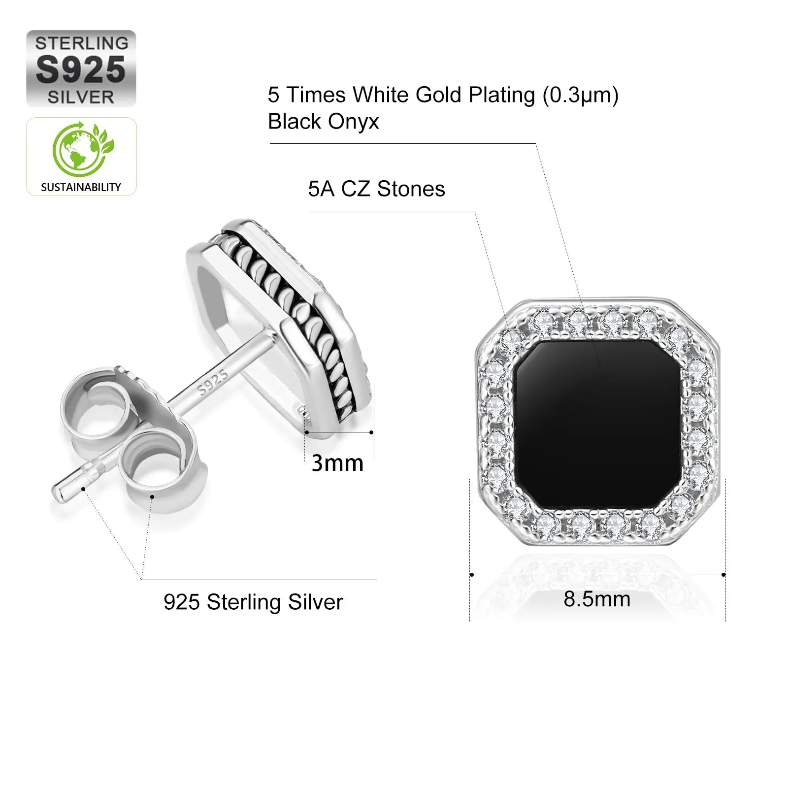 Square Black Onyx Iced Diamond Stud Earrings for Men